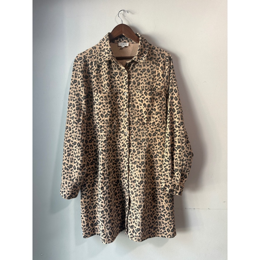 Umgee USA Leopard Print Button Down Shirt Dress Tan Black Large